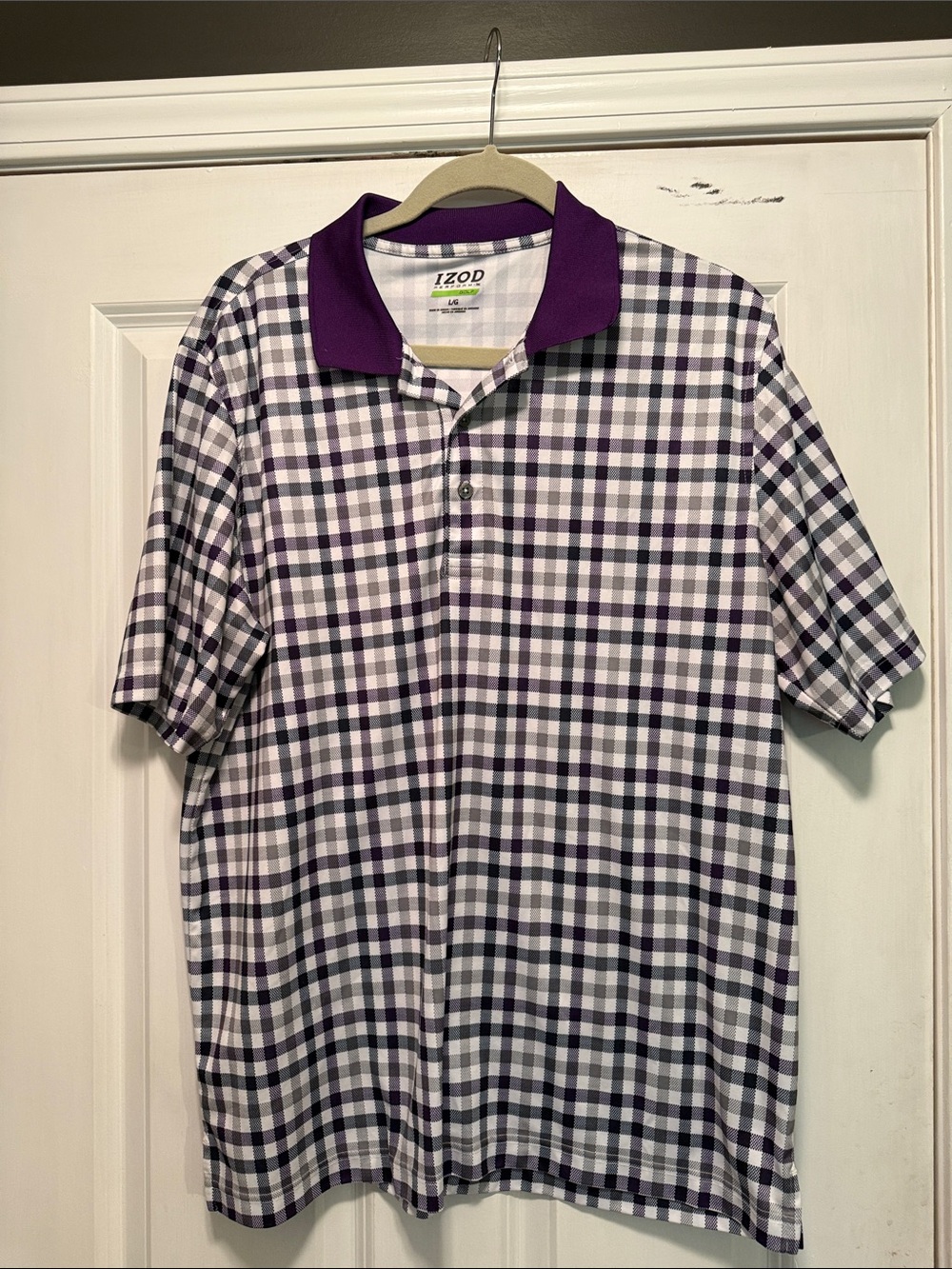 Izod Purple and White Plaid Golf Polo with Deep Purple Collar